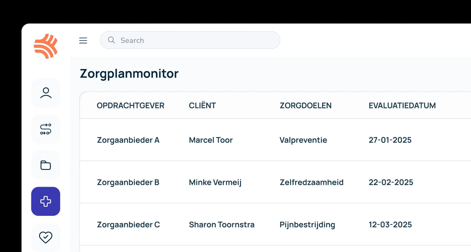 Voorbeeld van de Zorgplanmonitor van Kepp, beschikbaar vanaf 1 maart 2025. Hiermee kunnen zorgondernemers zorgplannen beheren, inclusief zorgdoelen en evaluatiedata, per opdrachtgever en cliënt.